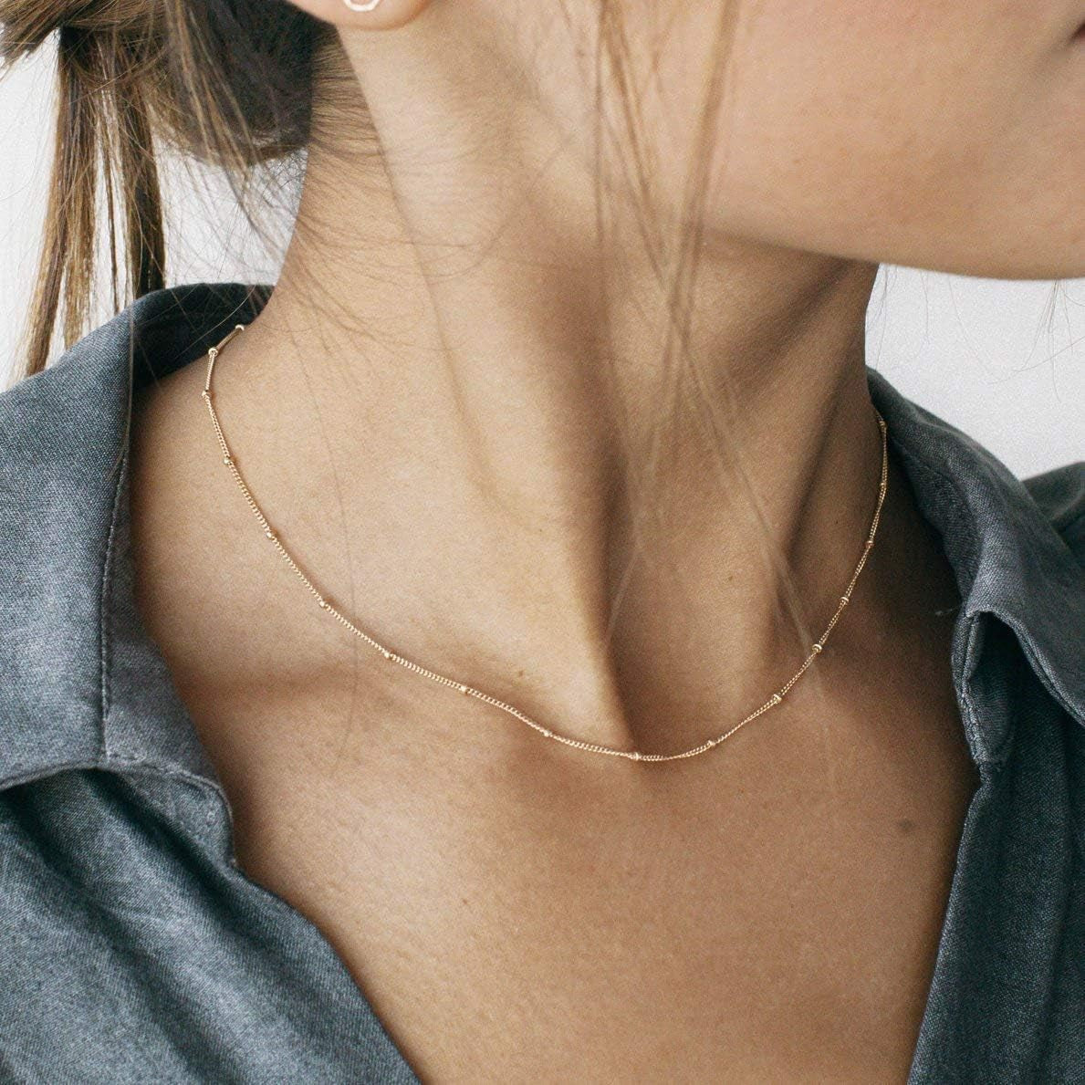 18K Gold Paperclip Chain Choker Satellite Chain Biwa Pearl Pendant Necklace Dainty Jewelry for Women