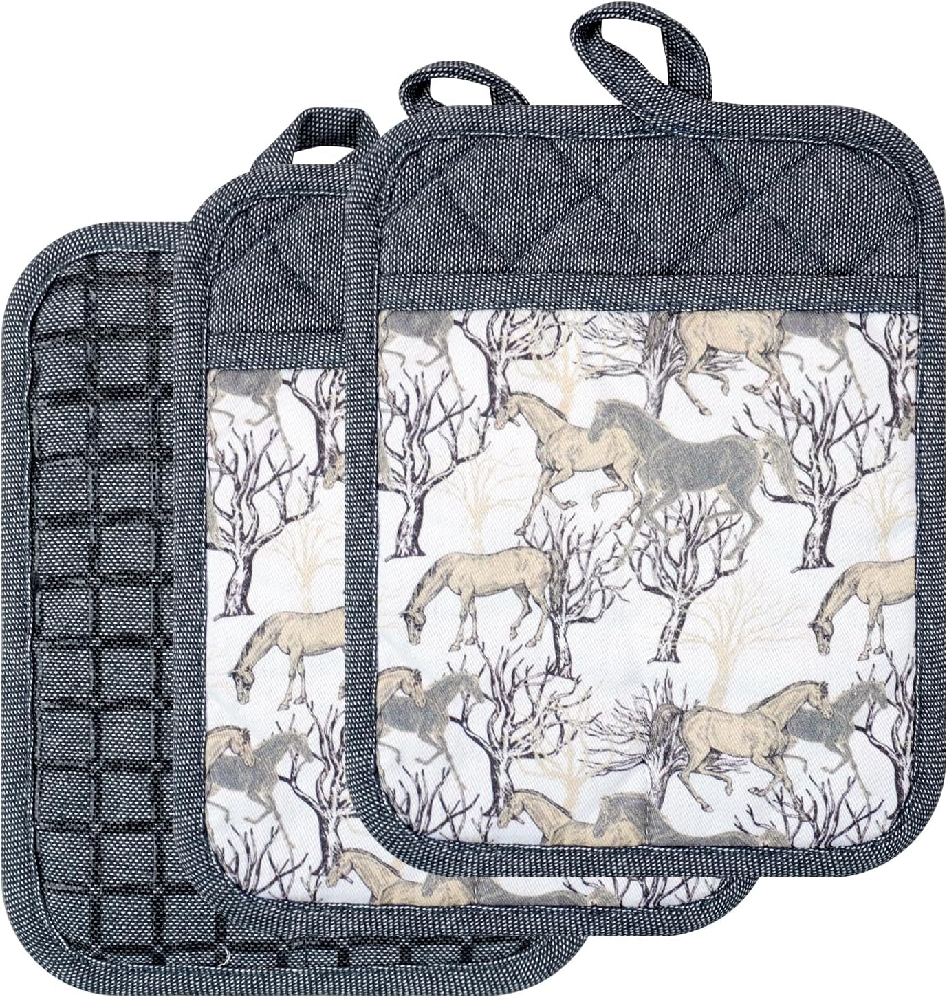 Pot Holders Set of 3 Silicone Printing Non Slip Heat Resistant, Yarm-Dyed Hot Pads Cotton Home Kitchen Cooking Barbecue Microwave Women Men Machine Washable BBQ Grilling. (Gray Potholders)