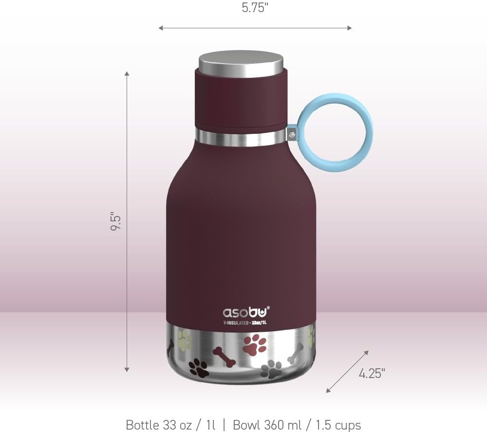 Dog Bowl Attached to Stainless Steel Insulated Travel Bottle for Human 33 Ounce (Burgundy)