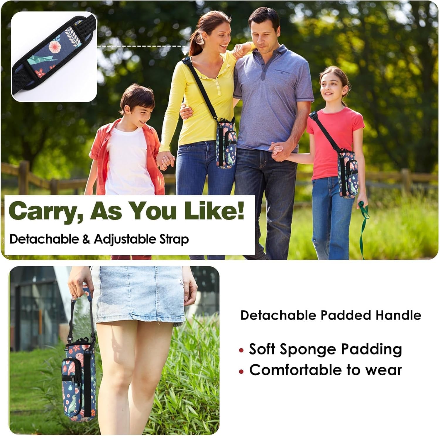 Water Bottle Carrier Bag,25Oz/40Oz/64Oz Bottle Pouch Holder,Adjustable Shoulder Hand Strap 2 Pocket Sling Neoprene Sleeve Sports Accessories for Hiking Travelling Camping